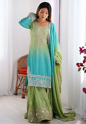 Embroidered Chinon Silk Pakistani Suit in Green and Blue