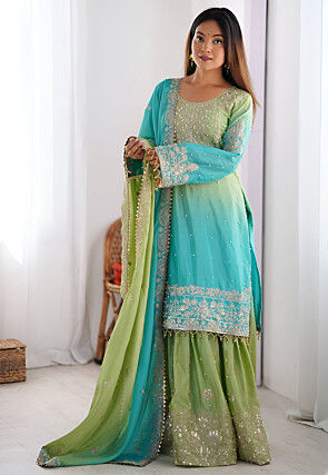 Embroidered Chinon Silk Pakistani Suit in Green and Blue