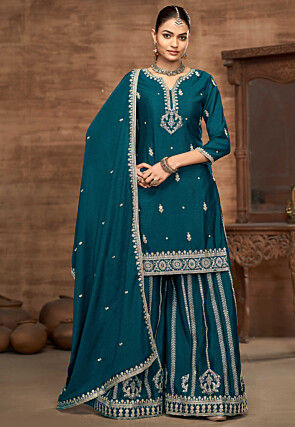 Women Teal Blue Chinon Un Stitched Suit Ethnic Collections main image 1