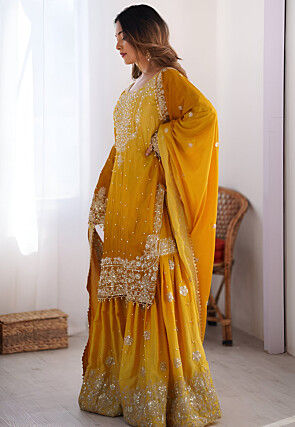 Embroidered Chinon Silk Pakistani Suit in Yellow Ombre