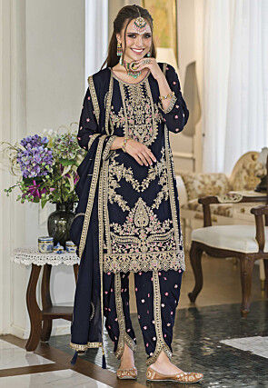 Embroidered Chinon Silk Punjabi Suit in Blue