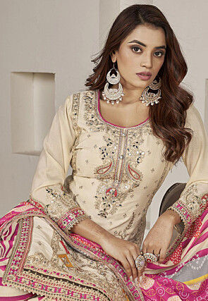 Embroidered Chinon Silk Punjabi Suit in Cream