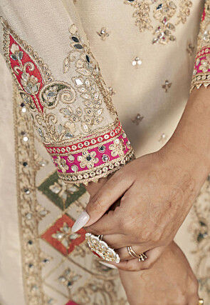 Embroidered Chinon Silk Punjabi Suit in Cream