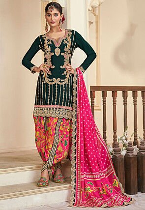 Embroidered Chinon Silk Punjabi Suit in Dark Green