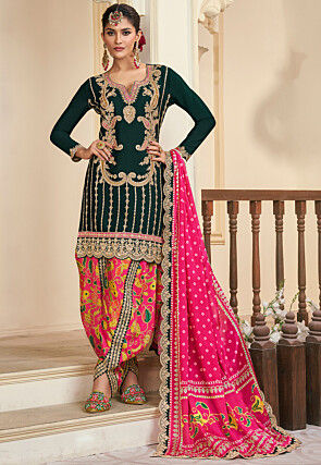 Embroidered Chinon Silk Punjabi Suit in Dark Green