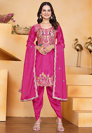 Embroidered Art Chinon Silk Punjabi Suit in Fuchsia