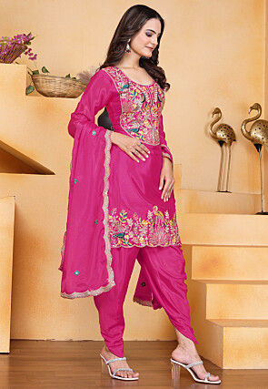 Embroidered Art Chinon Silk Punjabi Suit in Fuchsia