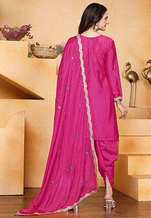 Embroidered Art Chinon Silk Punjabi Suit in Fuchsia