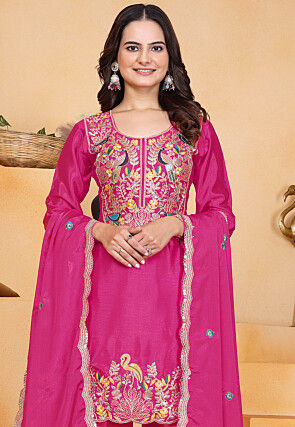 Embroidered Art Chinon Silk Punjabi Suit in Fuchsia