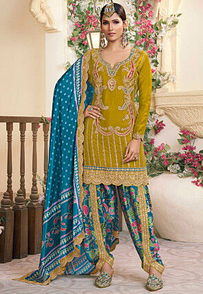 Embroidered Chinon Silk Punjabi Suit in Olive Green