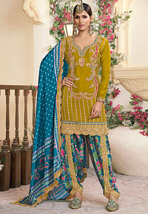 Embroidered Chinon Silk Punjabi Suit in Olive Green