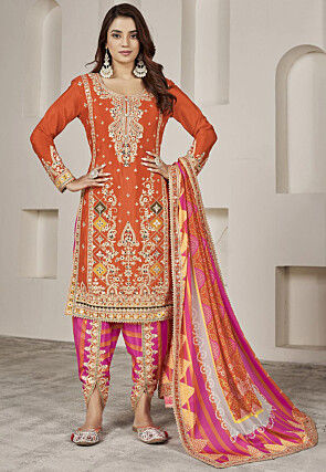 Embroidered Chinon Silk Punjabi Suit in Orange