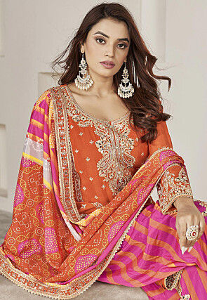 Embroidered Chinon Silk Punjabi Suit in Orange