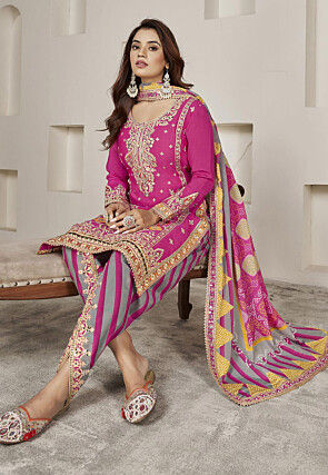 Embroidered Chinon Silk Punjabi Suit in Pink