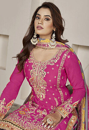 Embroidered Chinon Silk Punjabi Suit in Pink