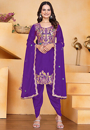Embroidered Art Chinon Silk Punjabi Suit in Purple