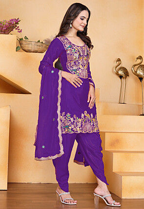 Embroidered Art Chinon Silk Punjabi Suit in Purple