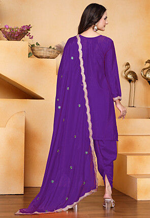 Embroidered Art Chinon Silk Punjabi Suit in Purple