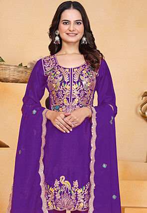 Embroidered Art Chinon Silk Punjabi Suit in Purple