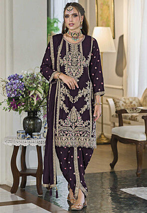 Embroidered Chinon Silk Punjabi Suit in Purple