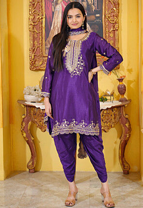 Embroidered Chinon Silk Punjabi Suit in Purple