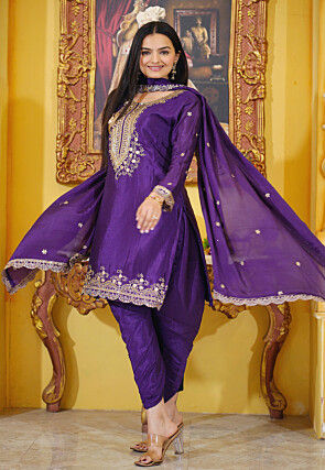 Embroidered Chinon Silk Punjabi Suit in Purple