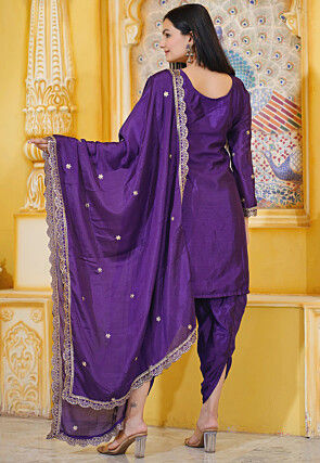 Embroidered Chinon Silk Punjabi Suit in Purple