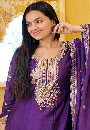 Embroidered Chinon Silk Punjabi Suit in Purple