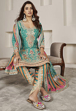 Embroidered Chinon Silk Punjabi Suit in Sea Green