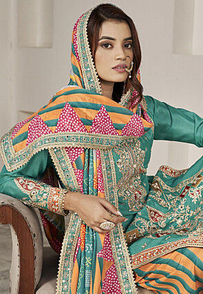 Embroidered Chinon Silk Punjabi Suit in Sea Green