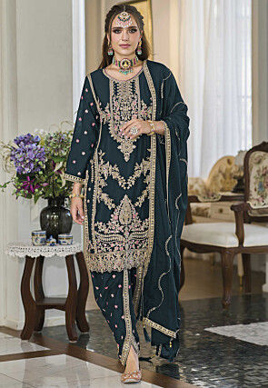 Embroidered Chinon Silk Punjabi Suit in Teal Blue