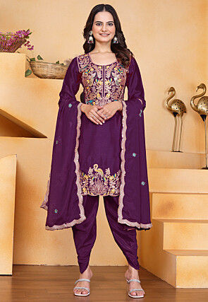 Embroidered Art Chinon Silk Punjabi Suit in Violet