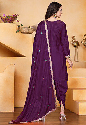 Embroidered Art Chinon Silk Punjabi Suit in Violet