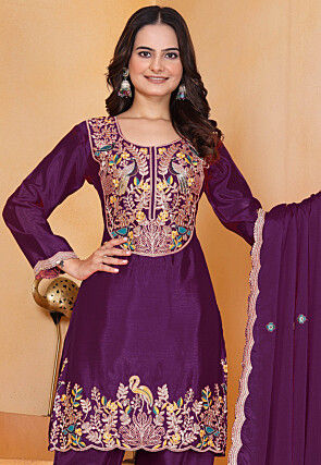 Embroidered Art Chinon Silk Punjabi Suit in Violet