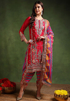 Embroidered Chinon Silk Punjabi Suit in Fuchsia