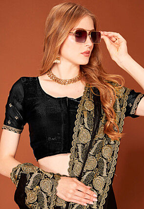 Embroidered Chinon Silk Scalloped Saree in Black