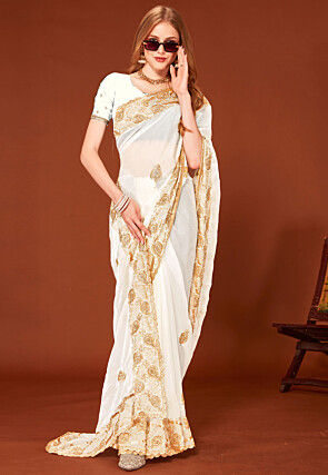 Embroidered Chinon Silk Scalloped Saree in Off White