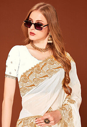 Embroidered Chinon Silk Scalloped Saree in Off White