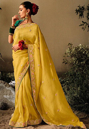 Embroidered Chinon Silk Saree in Yellow