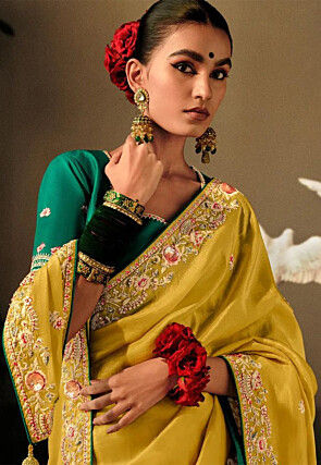 Embroidered Chinon Silk Saree in Yellow