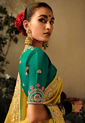 Embroidered Chinon Silk Saree in Yellow