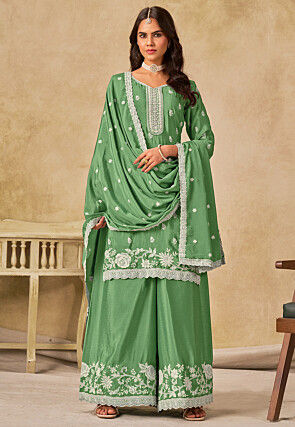Embroidered Chinon Silk Scalloped Pakistani Suit in Green