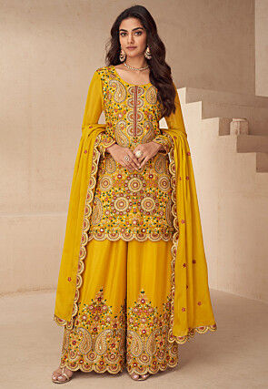 Embroidered Chinon Silk Scalloped Pakistani Suit in Mustard