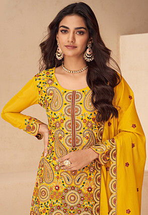 Embroidered Chinon Silk Scalloped Pakistani Suit in Mustard