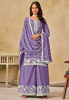 Embroidered Chinon Silk Scalloped Pakistani Suit in Purple