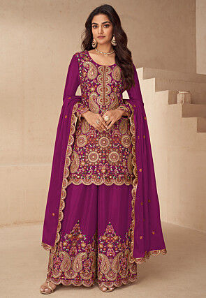 Embroidered Chinon Silk Scalloped Pakistani Suit in Magenta