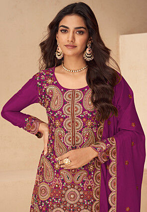 Embroidered Chinon Silk Scalloped Pakistani Suit in Magenta