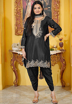Embroidered Chinon Silk Scalloped Punjabi Suit in Black