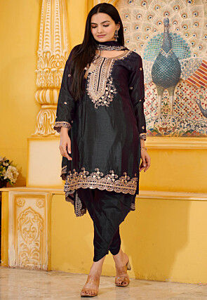 Embroidered Chinon Silk Scalloped Punjabi Suit in Black