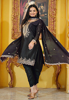 Embroidered Chinon Silk Scalloped Punjabi Suit in Black